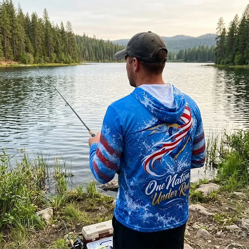 Custom One Nation Under Rod Patriotic Fishing Hooded Long Sleeve Shirt
