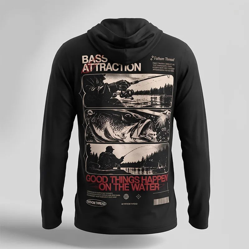Bass Attraction Fishing Graphic Hooded Long Sleeve Shirt