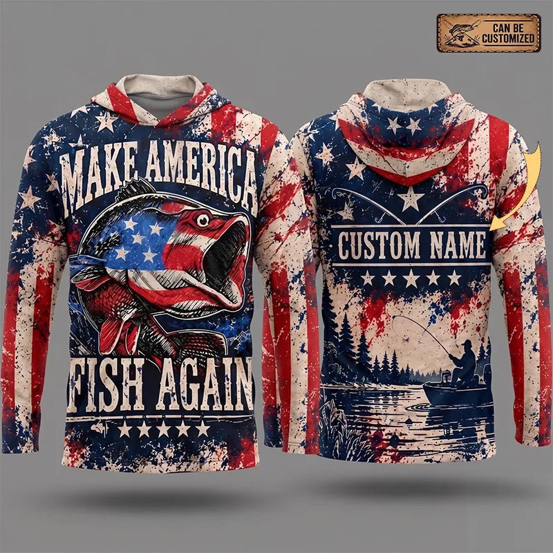 Personalized Make America Fish Again American Flag Fishing Hooded Long Sleeve Shirt