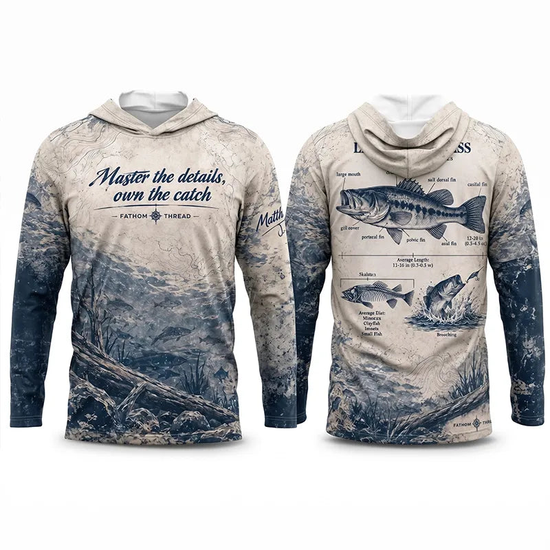Personalized Fathom Thread Custom Largemouth Bass Anatomy Fishing Hooded Long Sleeve Shirt