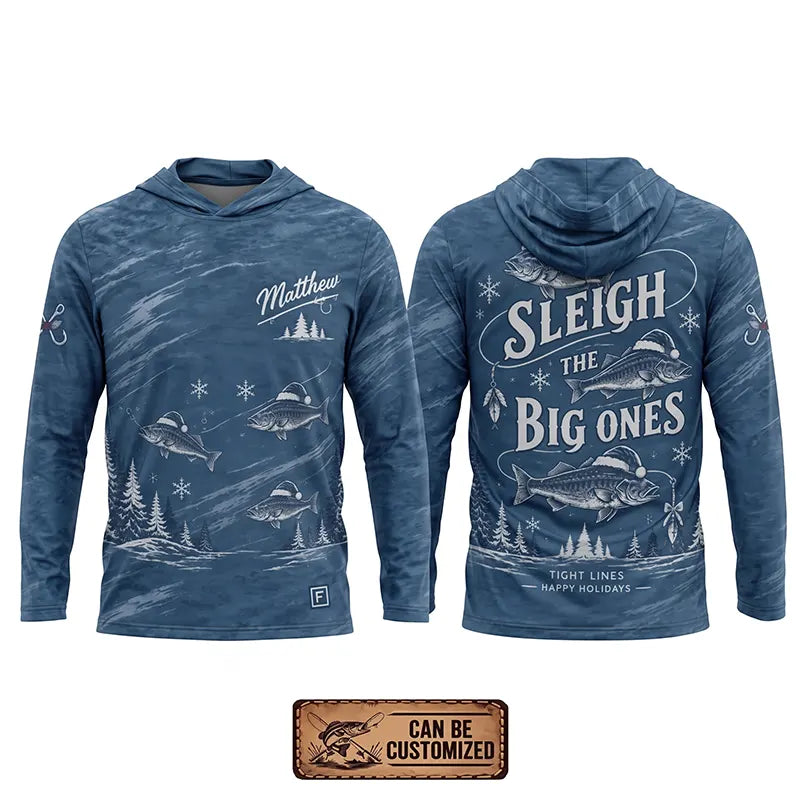 Personalized Sleigh the Big Ones Christmas Fishing Hooded Long Sleeve Shirt