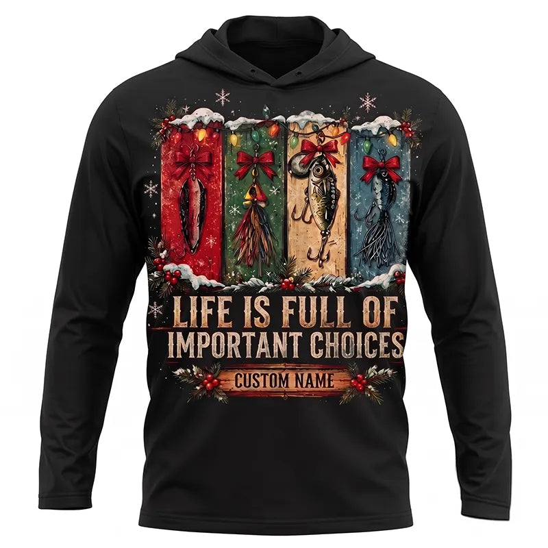 Funny Fishing Christmas Gift Boxes Personalized Name Hooded Long Sleeve Shirt