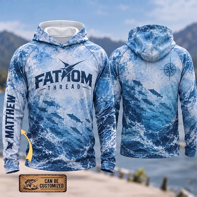 Ocean Waves Swordfish Personalized Fishing Hooded Long Sleeve Shirt