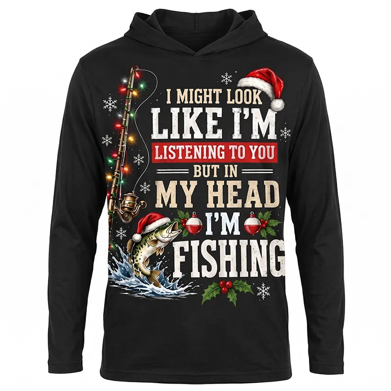 Funny Christmas Fishing Santa Fish Holiday Hooded Long Sleeve Shirt