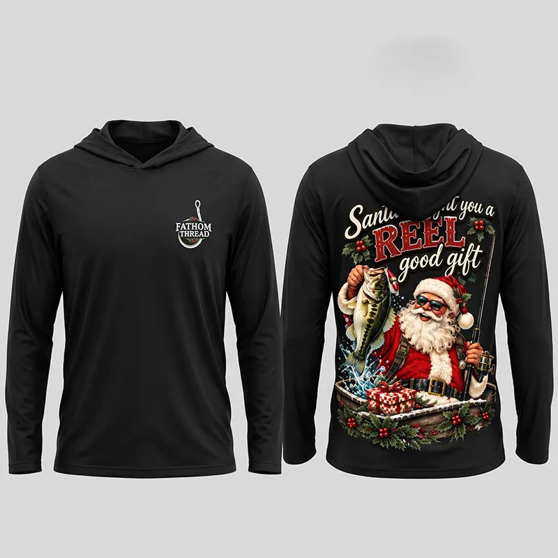 Santa REEL Good Gift Fishing Christmas Hooded Long Sleeve Shirt