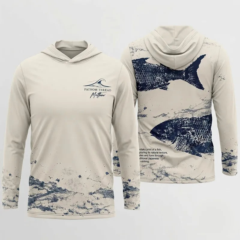 Fathom Thread Gyotaku Fishing Art Outdoor Hooded Long Sleeve Shirt