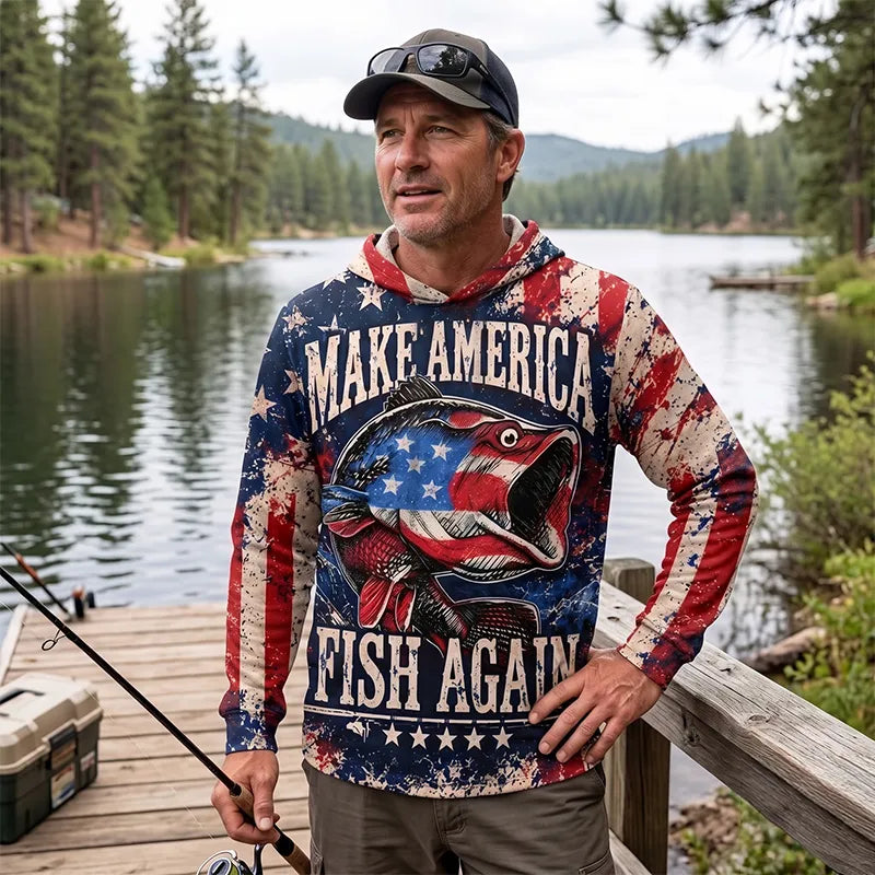 Personalized Make America Fish Again American Flag Fishing Hooded Long Sleeve Shirt