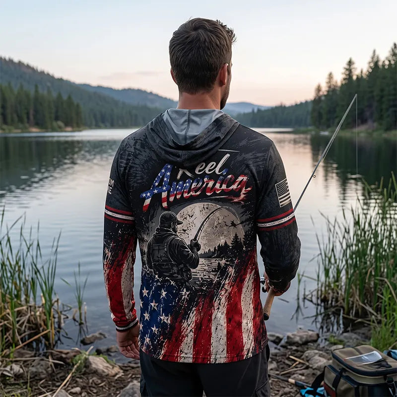 Reel America Bass Fishing Custom Name Patriotic Hooded Long Sleeve Shirt
