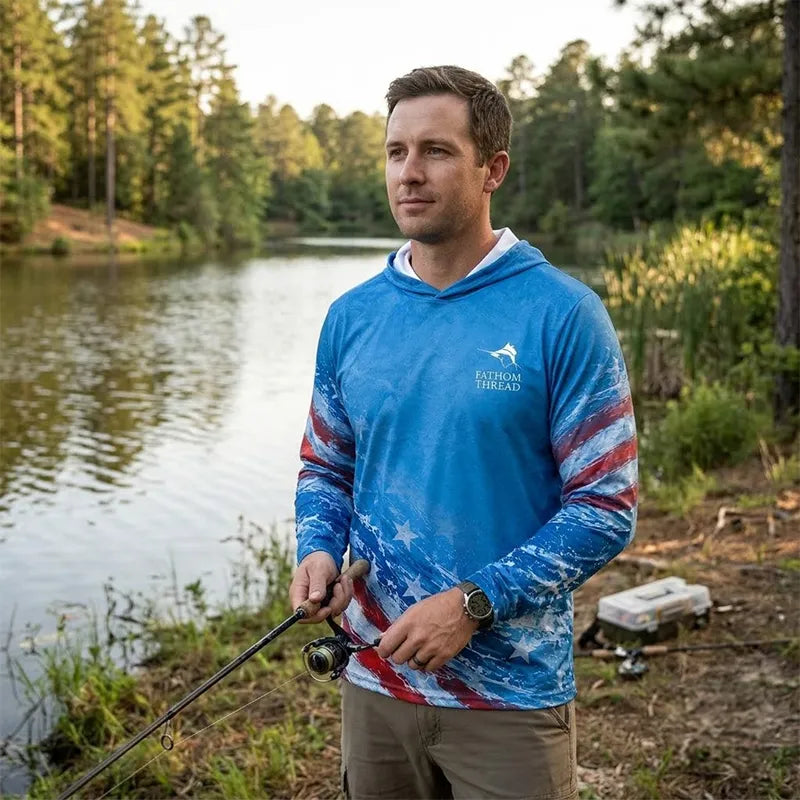 Custom One Nation Under Rod Patriotic Fishing Hooded Long Sleeve Shirt