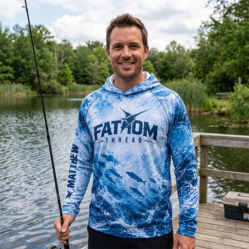Ocean Waves Swordfish Personalized Fishing Hooded Long Sleeve Shirt