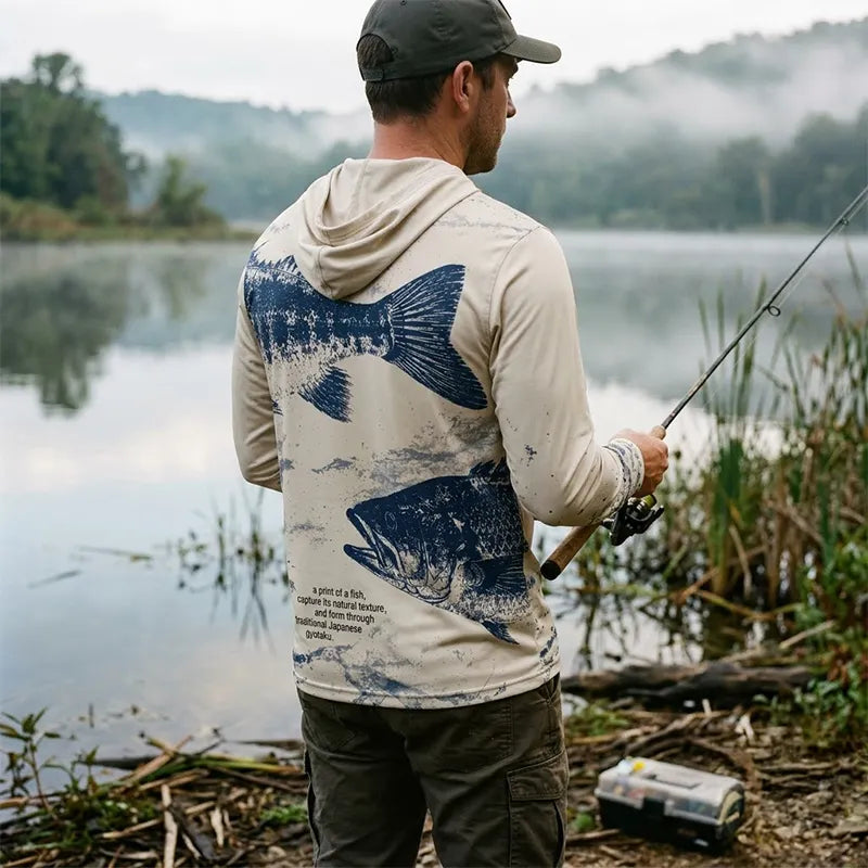 Fathom Thread Gyotaku Bass Fishing Hooded Long Sleeve Shirt
