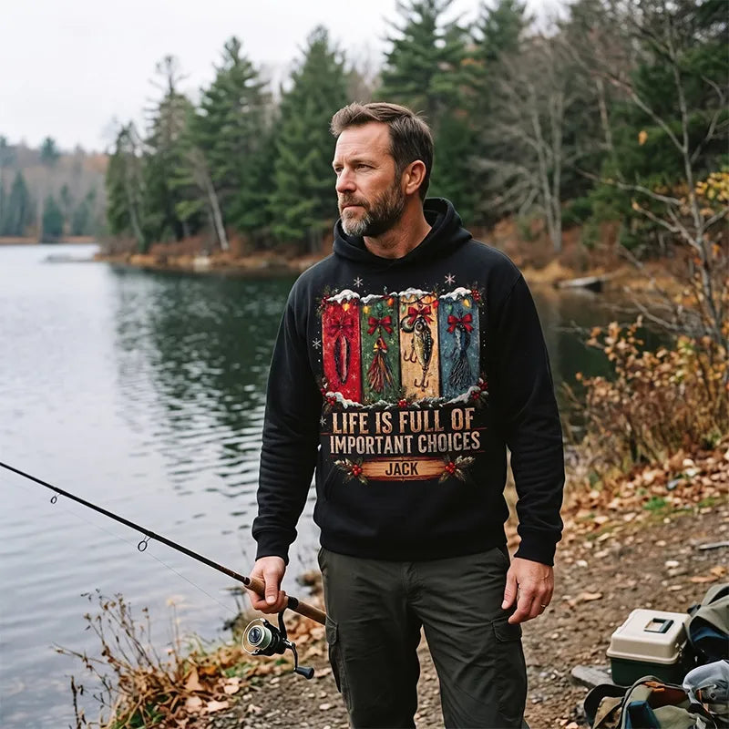Funny Fishing Christmas Gift Boxes Personalized Name Hooded Long Sleeve Shirt