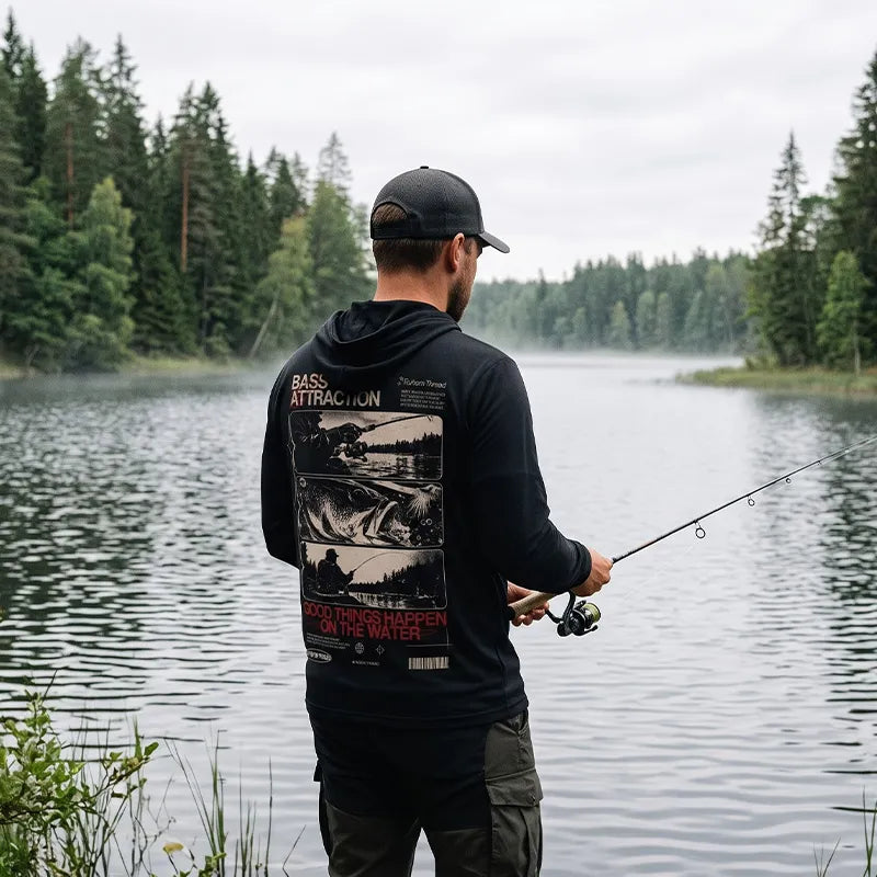 Bass Attraction Fishing Graphic Hooded Long Sleeve Shirt