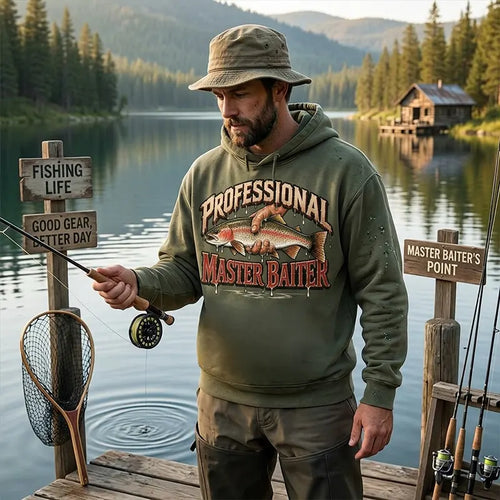 Professional Master Baiter Vintage Rainbow Trout Fishing Hooded Long Sleeve Shirt