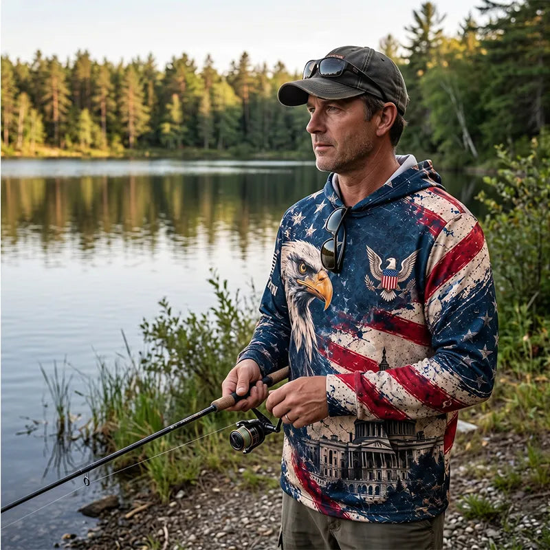 Personalized Land Of The Free Bald Eagle American Flag Hooded Long Sleeve Shirt