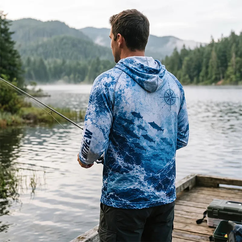 Ocean Waves Swordfish Personalized Fishing Hooded Long Sleeve Shirt