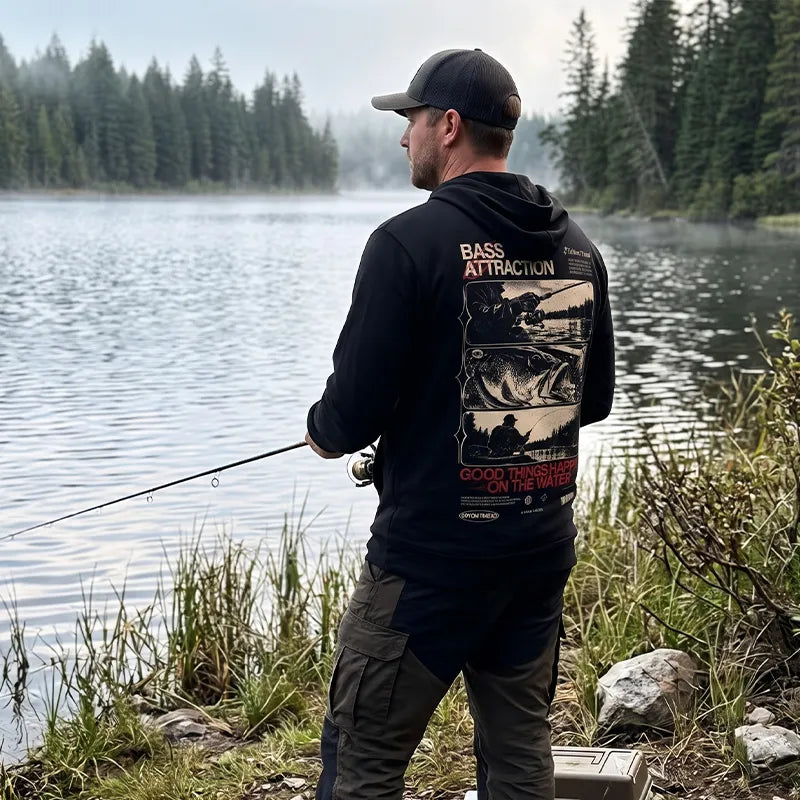 Bass Attraction Fishing Graphic Hooded Long Sleeve Shirt