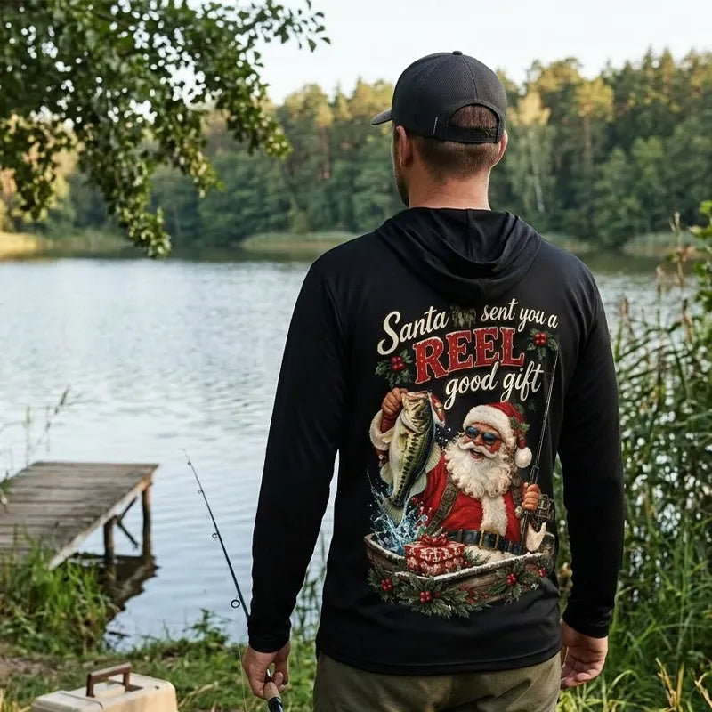 Santa REEL Good Gift Fishing Christmas Hooded Long Sleeve Shirt