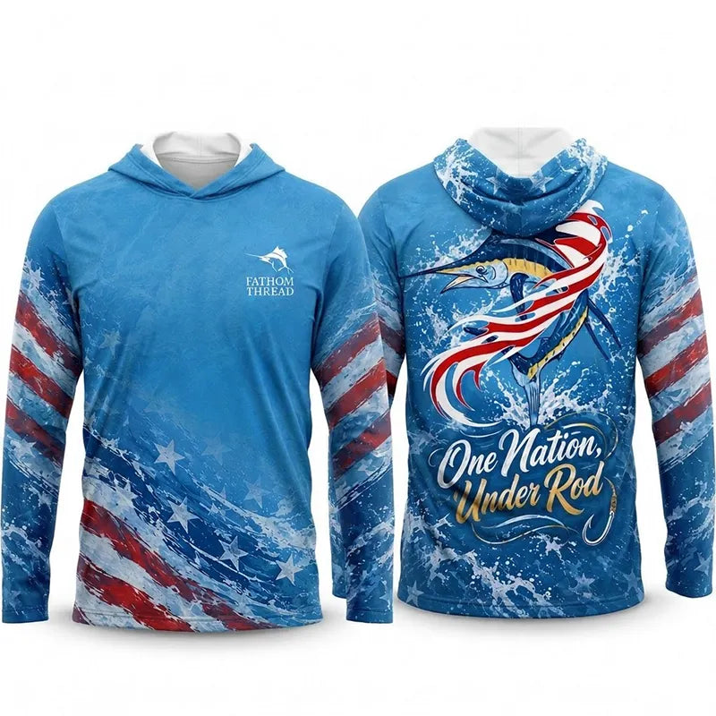 Custom One Nation Under Rod Patriotic Fishing Hooded Long Sleeve Shirt