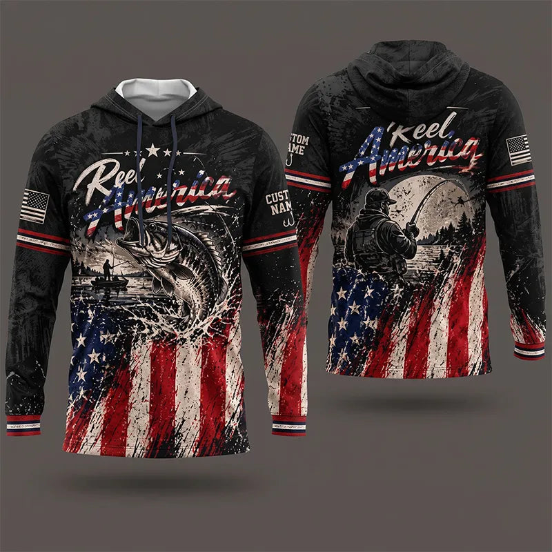 Reel America Bass Fishing Custom Name Patriotic Hooded Long Sleeve Shirt