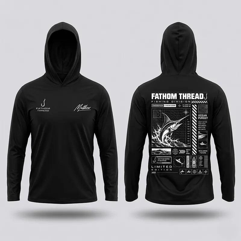 Swordfish Ocean Pursuit Fishing Technical Blueprint Hooded Long Sleeve Shirt