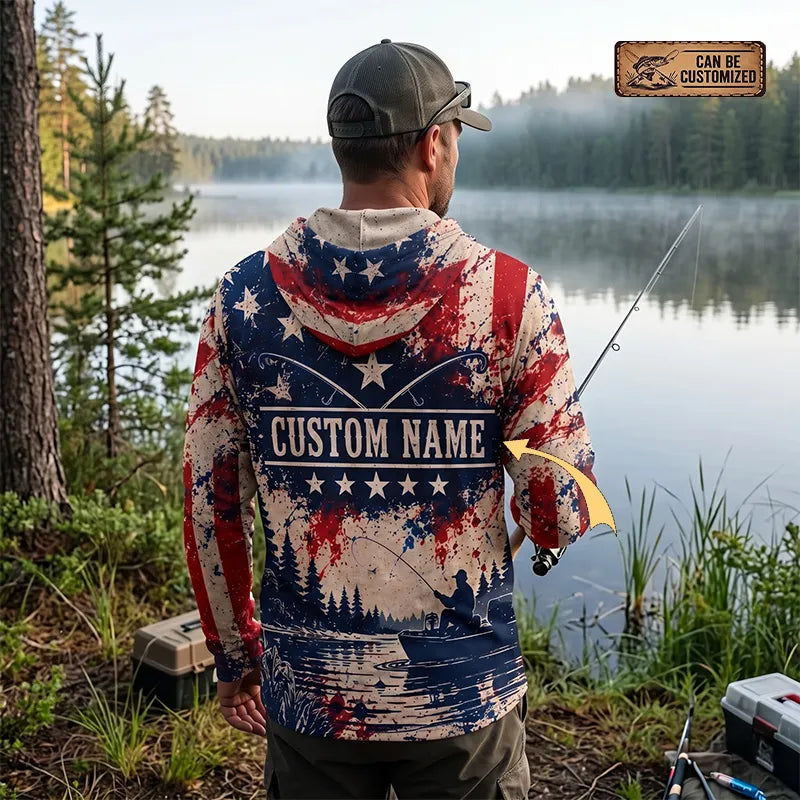 Personalized Make America Fish Again American Flag Fishing Hooded Long Sleeve Shirt