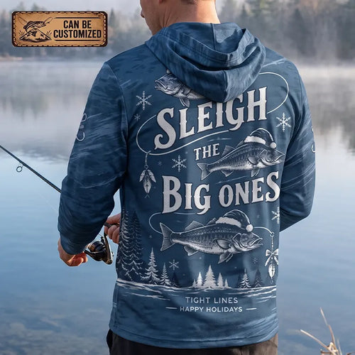 Personalized Sleigh the Big Ones Christmas Fishing Hooded Long Sleeve Shirt