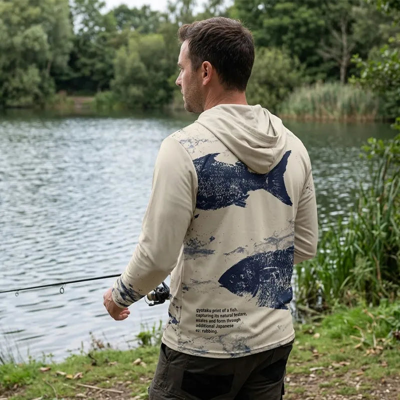 Fathom Thread Gyotaku Fishing Art Outdoor Hooded Long Sleeve Shirt