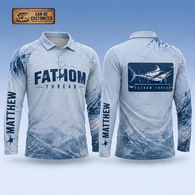 Personalized Fathom Thread Custom Marlin Strike Fishing Polo Long Sleeve Shirt