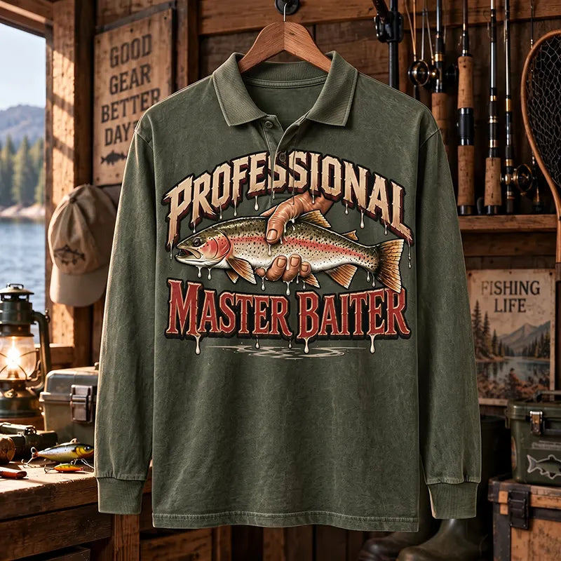 Professional Master Baiter Vintage Rainbow Trout Fishing Polo Long Sleeve Shirt