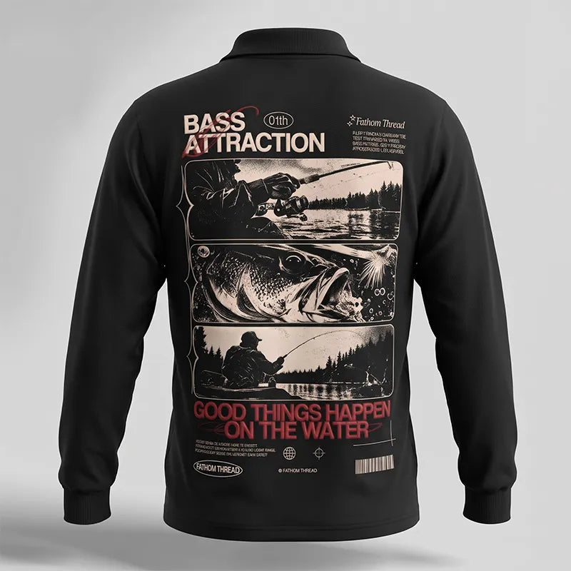Bass Attraction Fishing Graphic Polo Long Sleeve Shirt