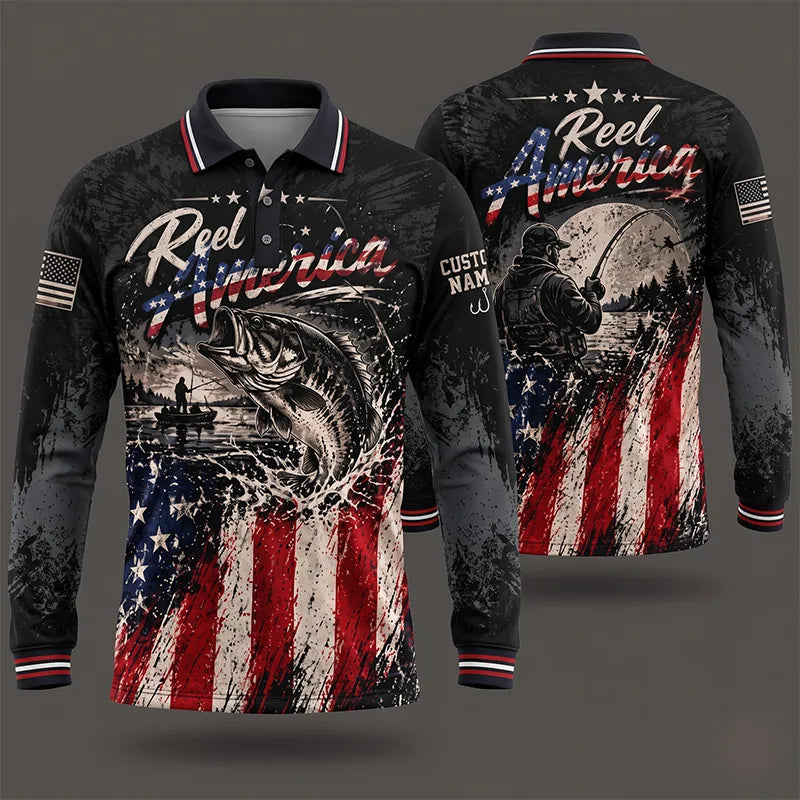 Reel America Bass Fishing Custom Name Patriotic Long Sleeve Polo Shirt