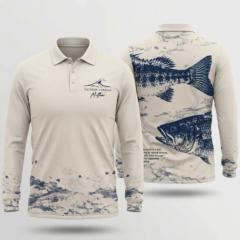 Fathom Thread Gyotaku Bass Fishing Polo Long Sleeve Shirt
