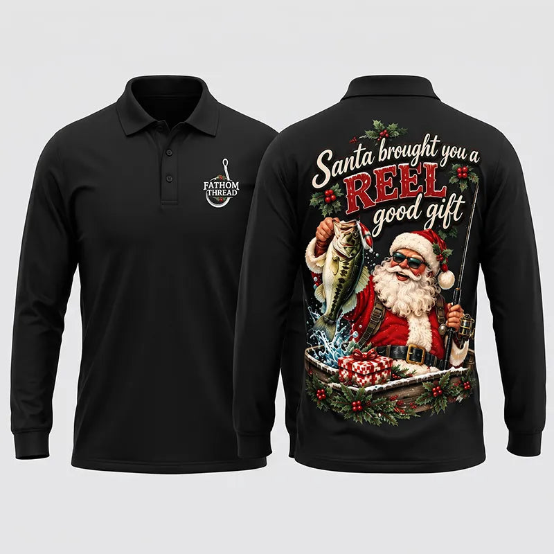 Santa REEL Good Gift Fishing Christmas Polo Long Sleeve Shirt