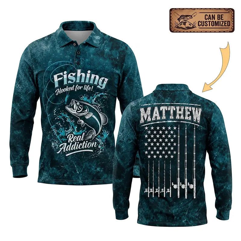 Personalized Hooked for Life Fishing Polo Long Sleeve Shirt