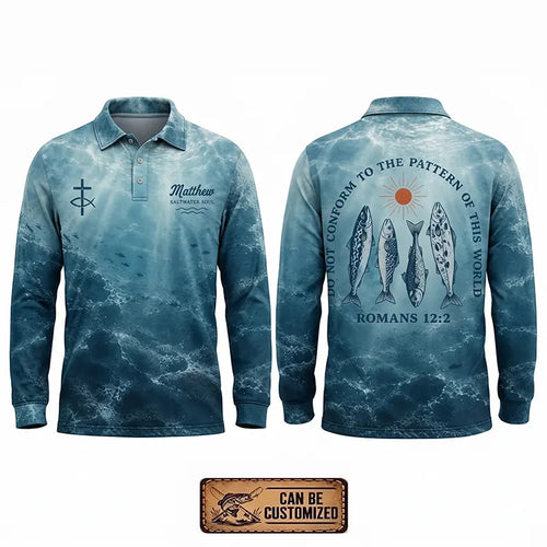 Personalized Romans 12:2 Christian Ocean Fishing Polo Long Sleeve Shirt