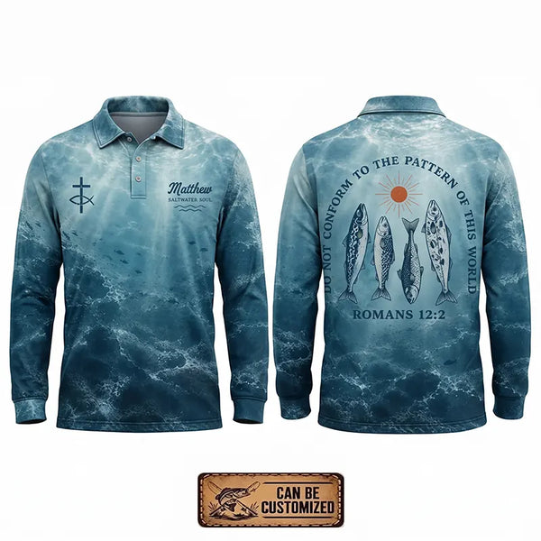 Personalized Romans 12:2 Christian Ocean Fishing Polo Long Sleeve Shirt