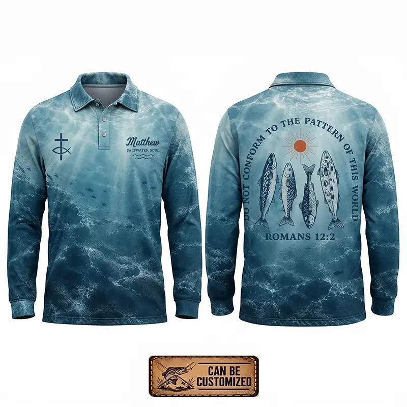 Personalized Romans 12:2 Christian Ocean Fishing Polo Long Sleeve Shirt