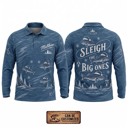Personalized Sleigh the Big Ones Christmas Fishing Polo Long Sleeve Shirt