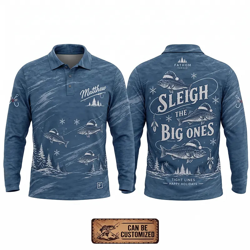 Personalized Sleigh the Big Ones Christmas Fishing Polo Long Sleeve Shirt