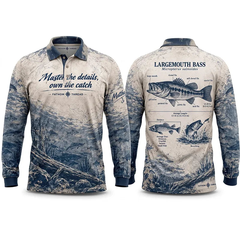 Personalized Fathom Thread Custom Largemouth Bass Anatomy Fishing Polo Long Sleeve Shirt