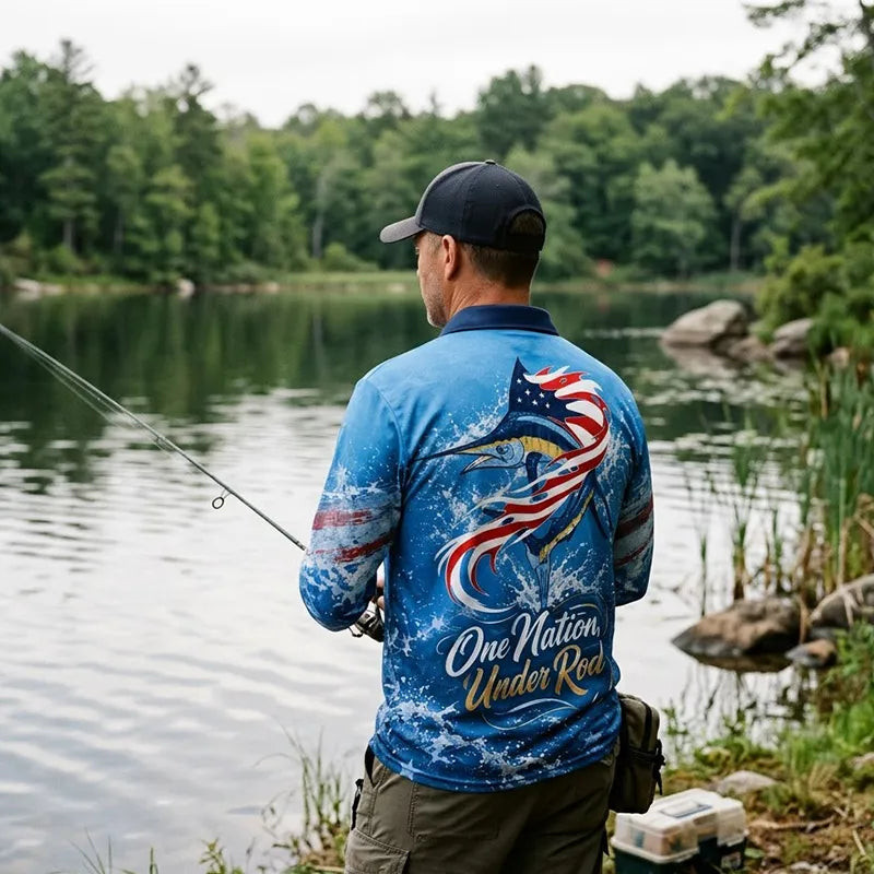 Custom One Nation Under Rod Patriotic Fishing Polo Long Sleeve Shirt