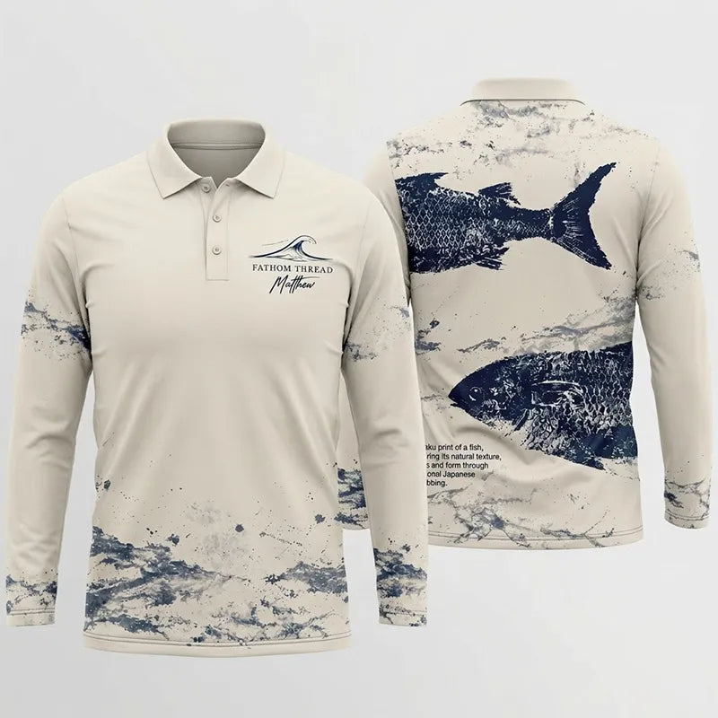 Fathom Thread Gyotaku Fishing Art Outdoor Polo Long Sleeve Shirt