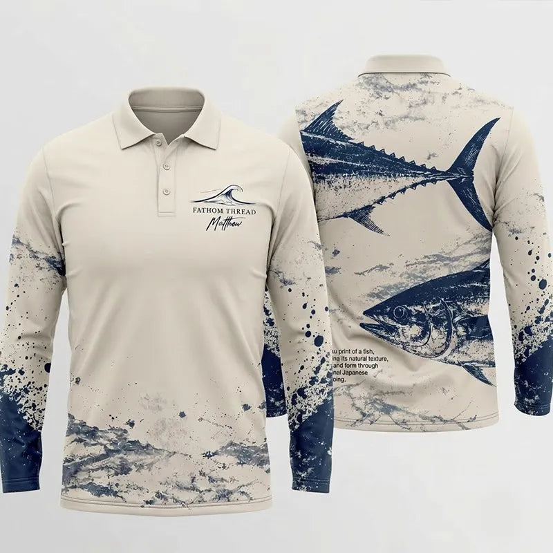 Personalized Fathom Thread Gyotaku Tuna Ocean Fishing Polo Long Sleeve Shirt