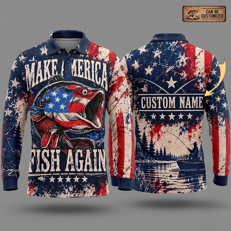 Personalized Make America Fish Again American Flag Fishing Polo Long Sleeve Shirt