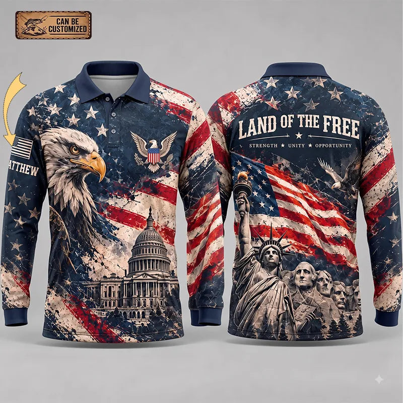 Personalized Land Of The Free Bald Eagle American Flag Polo Long Sleeve Shirt