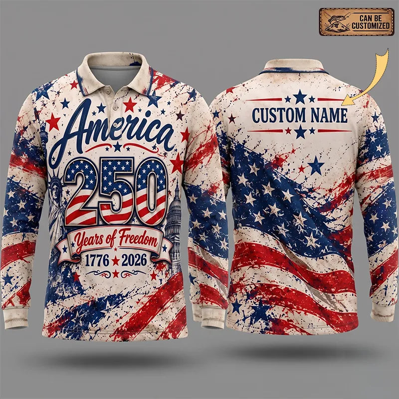 Personalized America 250 Years Of Freedom American Flag Polo Long Sleeve Shirt