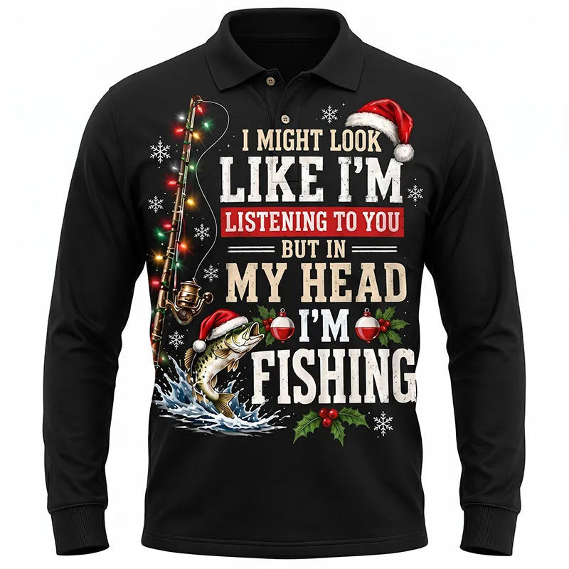 Funny Christmas Fishing Santa Fish Holiday Polo Long Sleeve Shirt