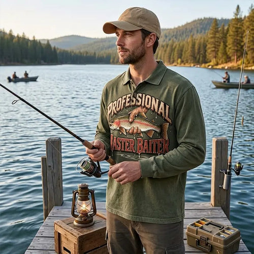Professional Master Baiter Vintage Rainbow Trout Fishing Polo Long Sleeve Shirt