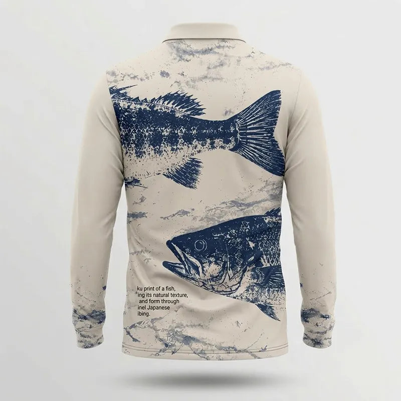 Fathom Thread Gyotaku Bass Fishing Polo Long Sleeve Shirt
